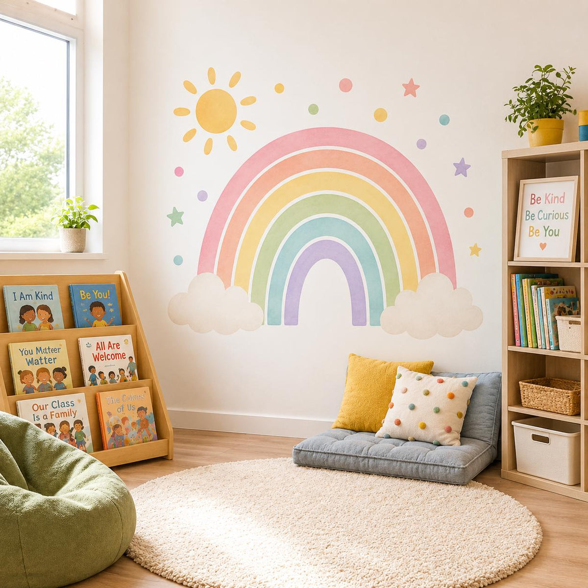Pastel Rainbow Wall Decal with Clouds Sun and Stars | Watercolor Nursery Wall Sticker | Kids Room Vinyl Decor | Gender Neutral Nursery Decor