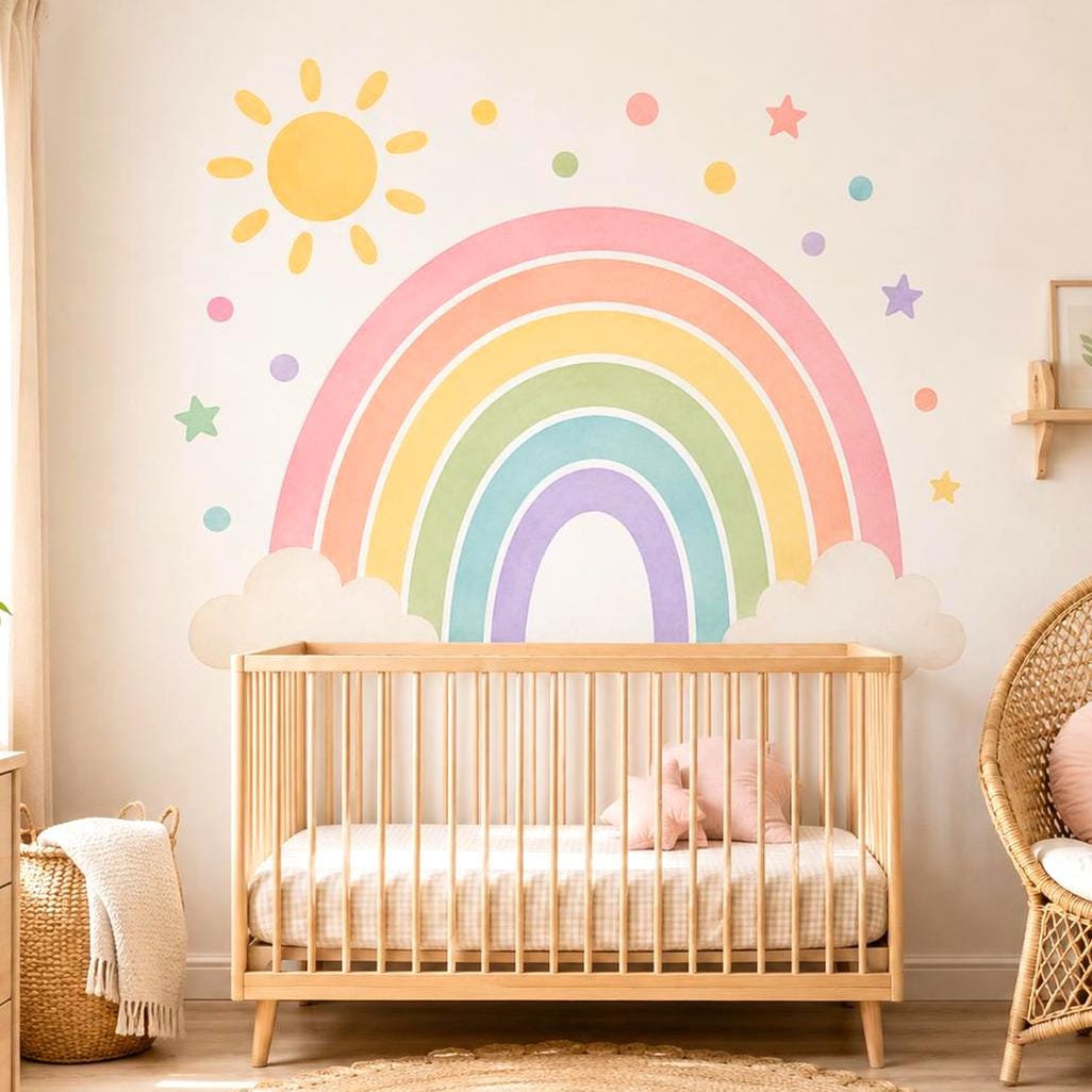 Six pastel rainbow arches in pink, peach, yellow, green, aqua and lavender, with cream clouds, a sun, stars and dots.