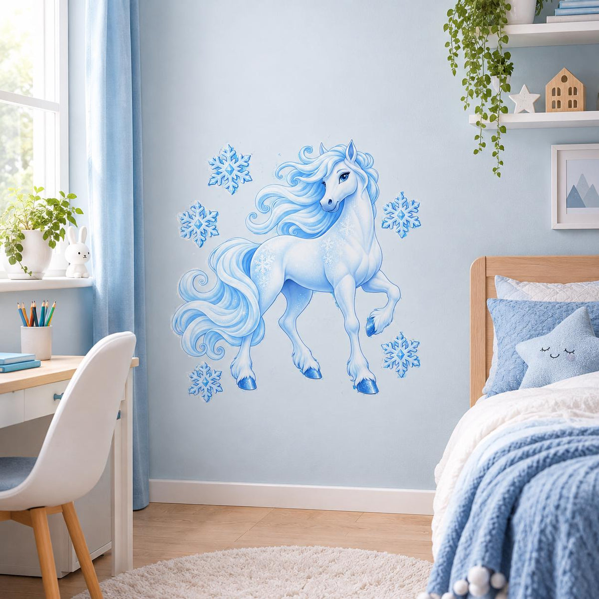 Winter Unicorn Wall Decal with Snowflakes | Icy Blue Vinyl Nursery Decor | Whimsical Kids Bedroom Wall Sticker | Fantasy Room Decoration