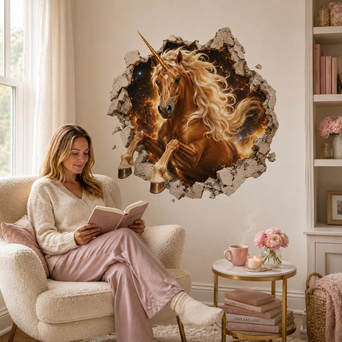 3D Broken Wall Unicorn Wall Decal | Cosmic Galaxy Horse Wall Sticker | Fantasy Bedroom Decor | Vinyl Wall Art | Kids Bedroom Wall Decor