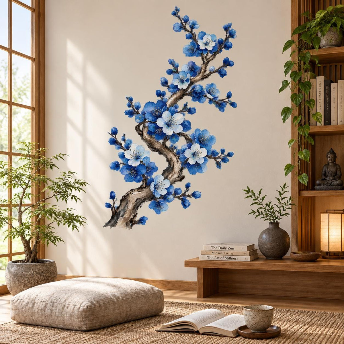 Tall blue floral branch wall decal with twisting brown trunk, cobalt and white blossoms and scattered blue buds.