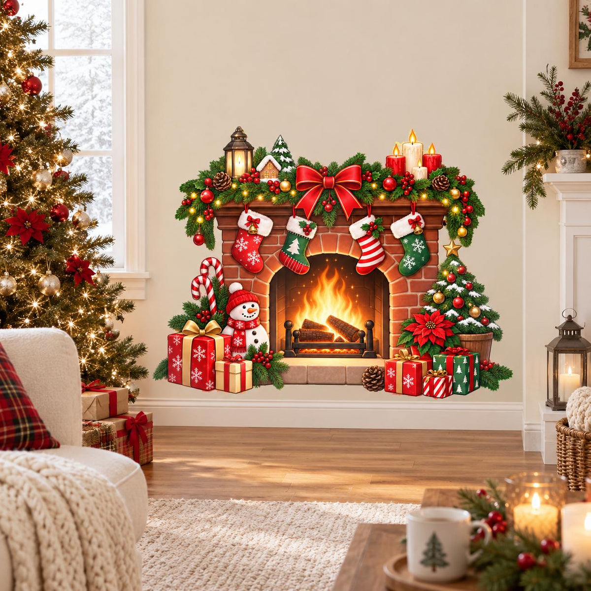 Christmas Fireplace Wall Decal | Holiday Mantel Wall Sticker | Stockings & Gifts Decor | Cozy Xmas Living Room Wall Art | Fireplace Wall Art