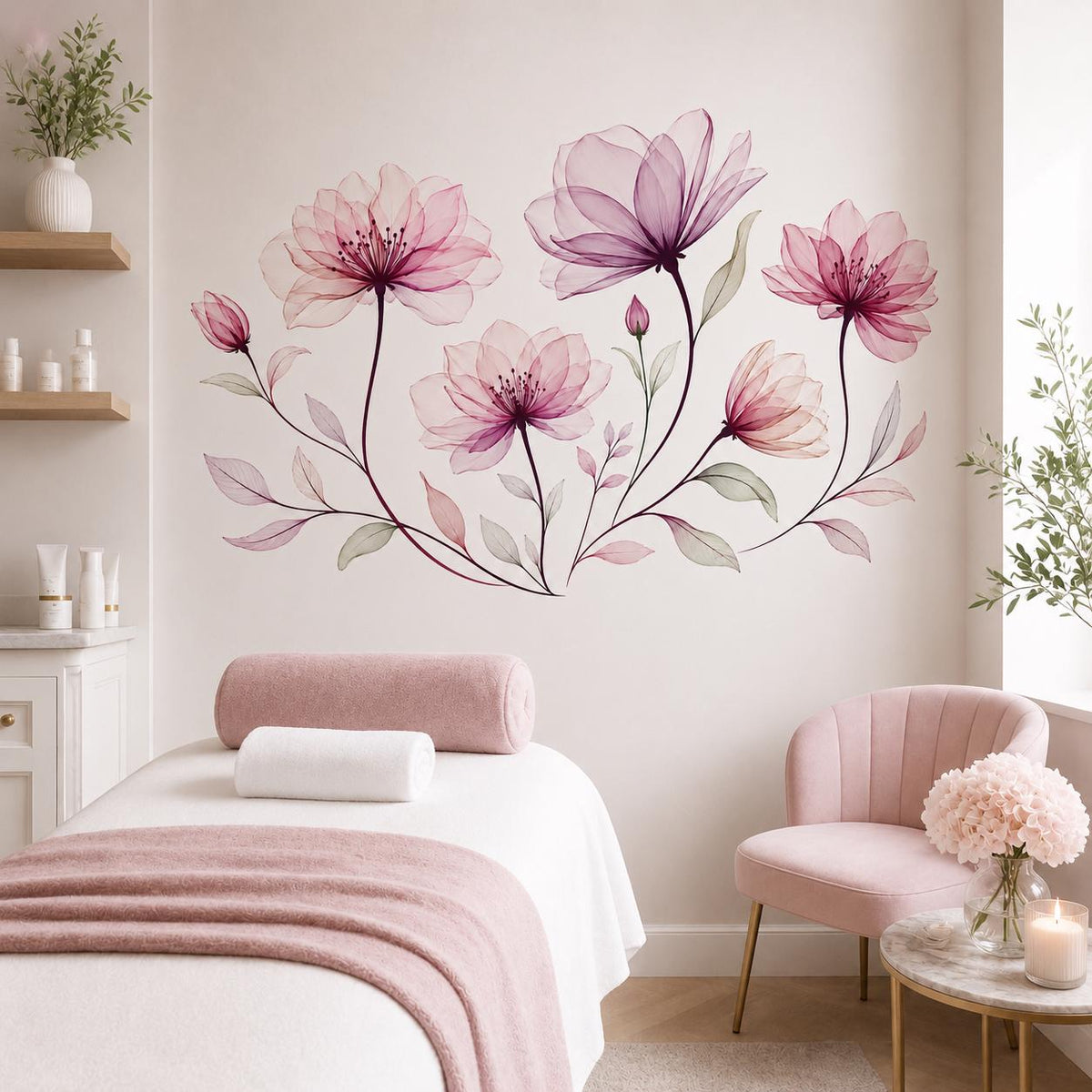 Pink Floral Wall Decal | Blush Flower Wall Sticker | Transparent Petal Wall Art | Romantic Bedroom Decor | Elegant Botanical Wall Decoration