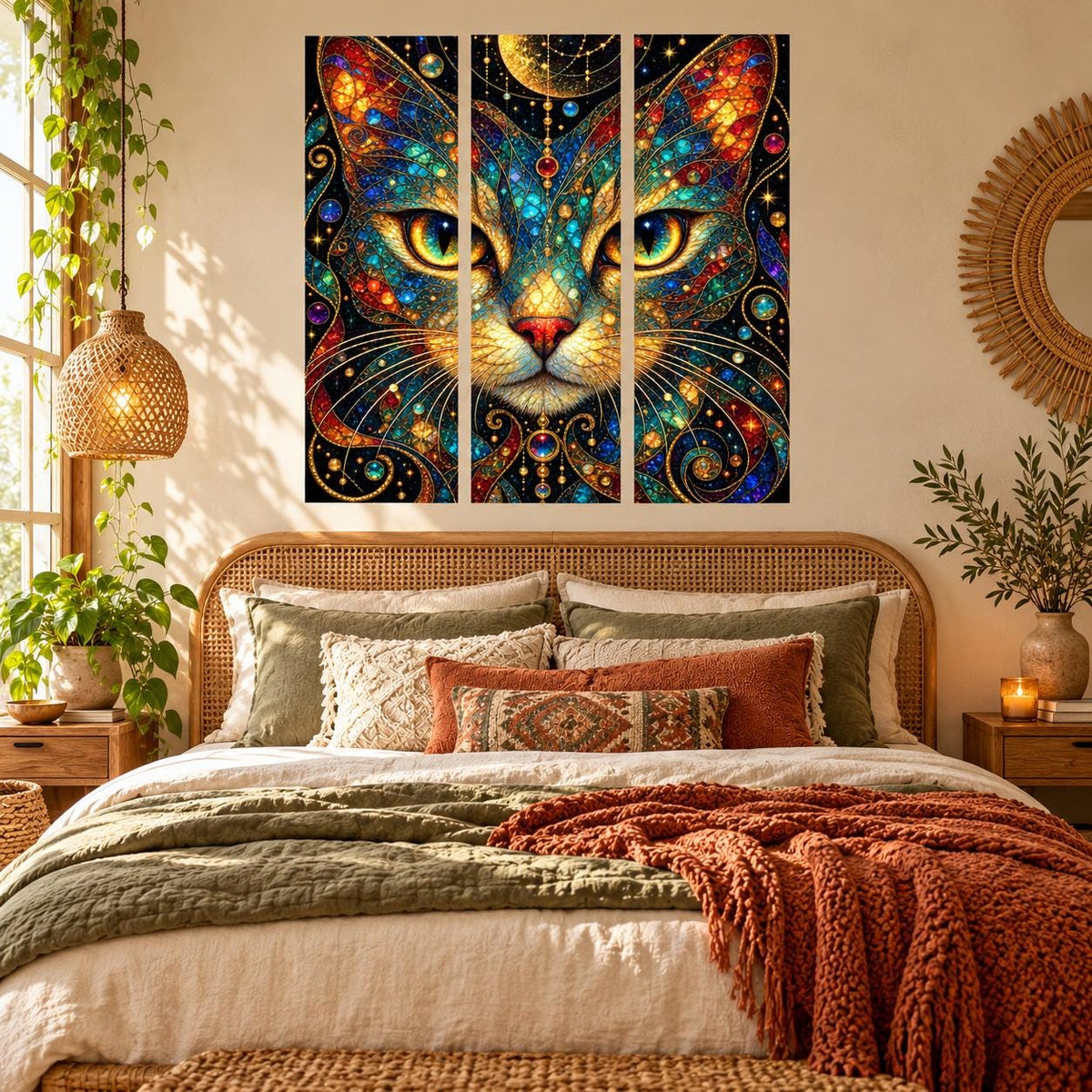 Stained glass style cat wall art triptych with a dark cosmic background and bright green-gold feline eyes.