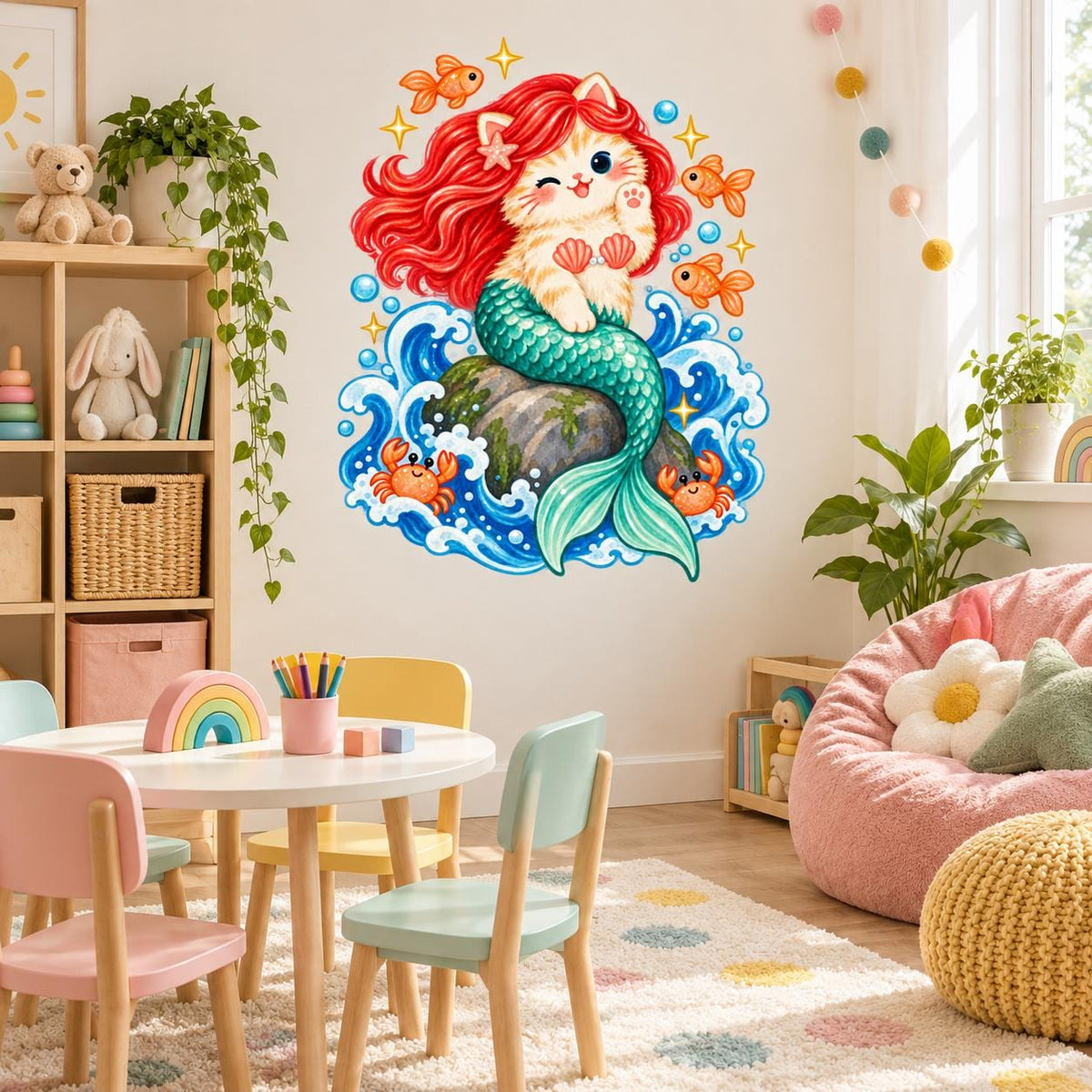 Mermaid Cat Wall Decal | Cute Kitty Mermaid Wall Sticker | Ocean Nursery Decor | Girls Kids Room Wall Art | Sea Creature Bedroom Decorations