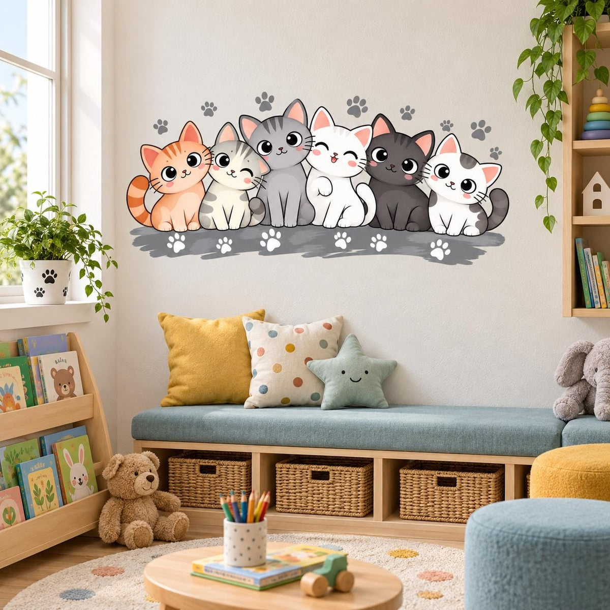 Cartoon cats vinyl wall decal featuring six cats with different coat colors and decorative gray paw prints.