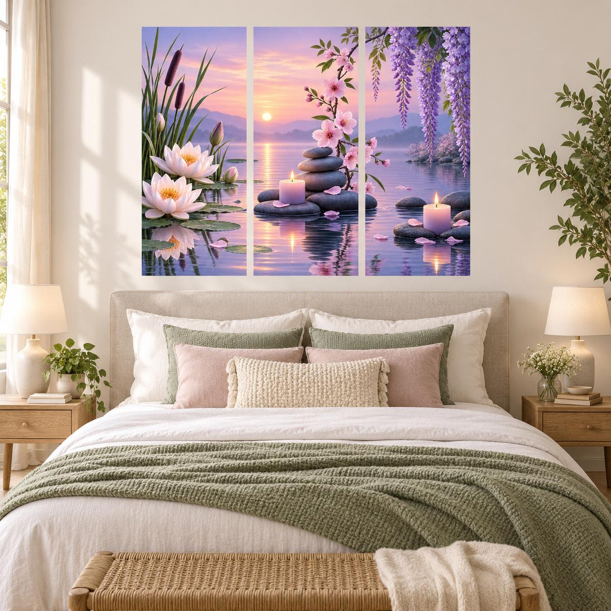Relaxing lotus pond wall art depicting purple wisteria, flowering branches and candles surrounding water lilies.