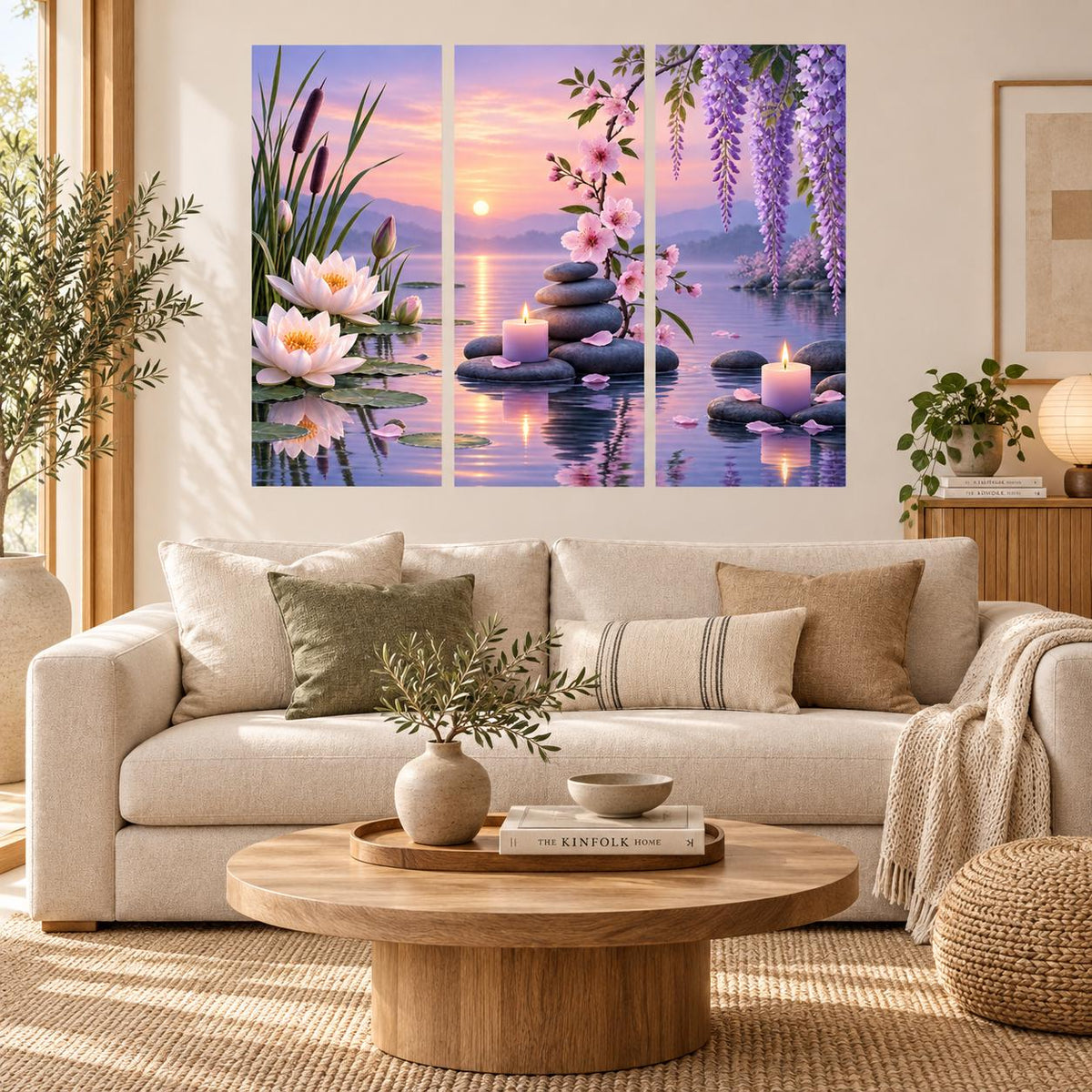 Zen spa wall decal with water lilies and hanging purple wisteria around a pond with candles and dark stones.