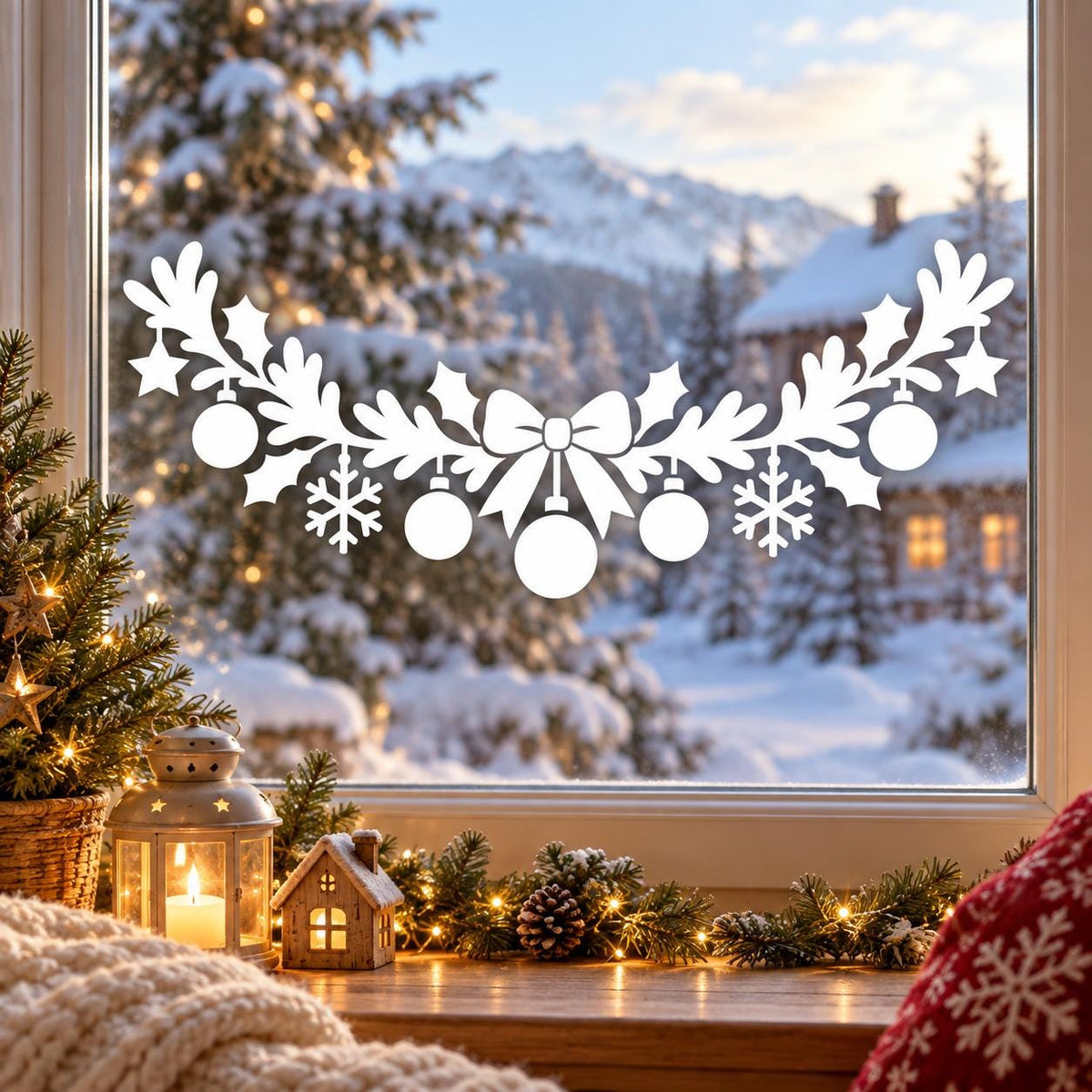 Christmas Garland Window Decal | White Bow, Ornaments and Snowflakes | Holiday Vinyl Wall Decal | Festive Window Decor | Glass Door Accent