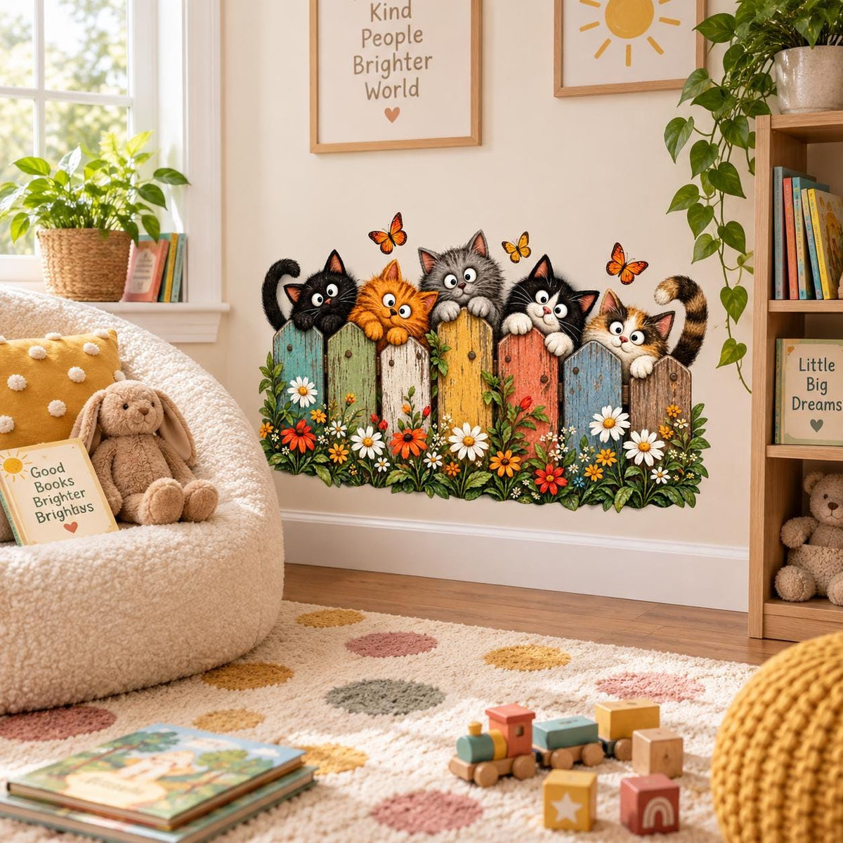 Garden-themed nursery wall decal showing five cats along a colorful fence with blossoms and orange butterflies.