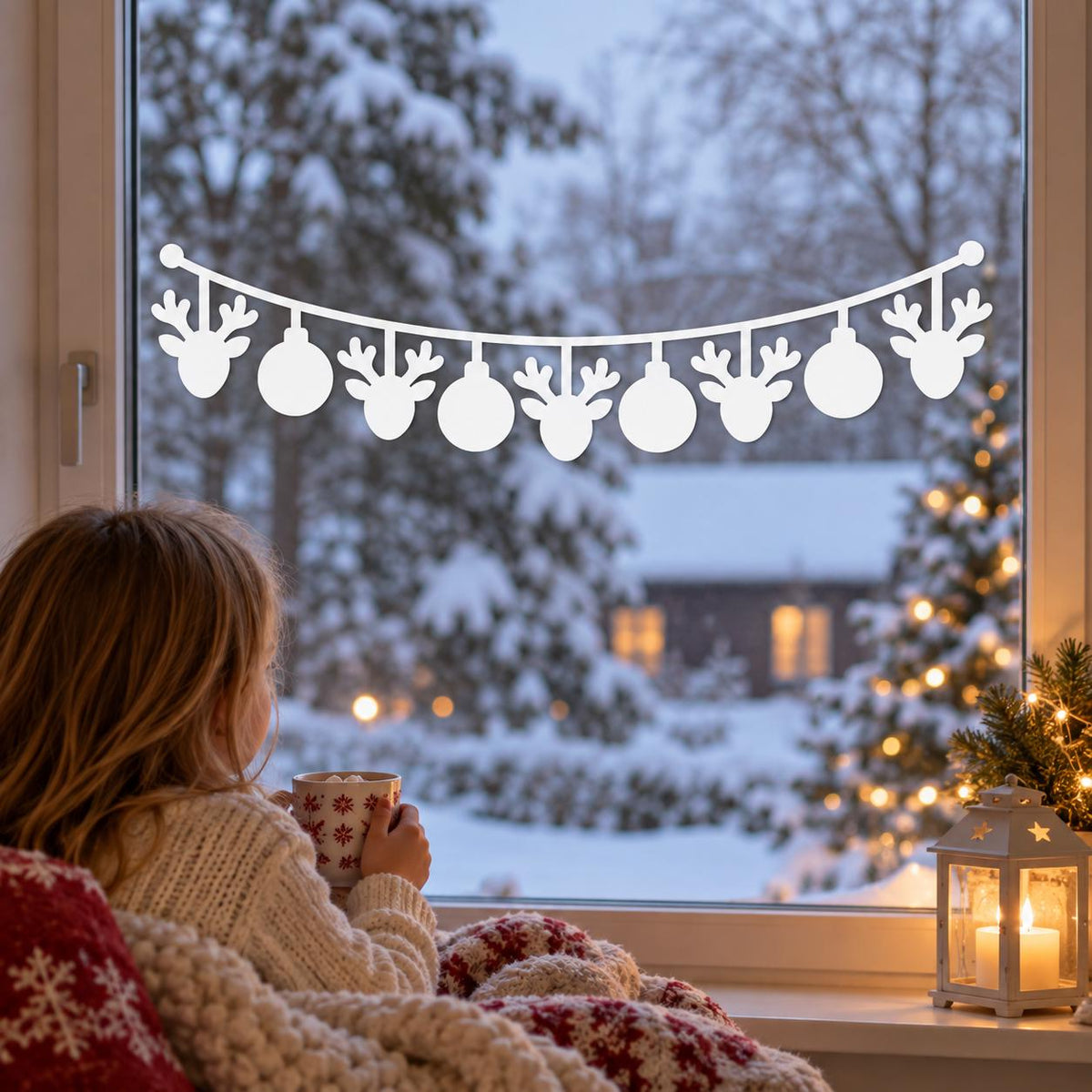 Christmas Garland Window Decal | Reindeer Ornament Window Sticker | Holiday Glass Decor | White Christmas Window Art | Festive Kitchen Decor