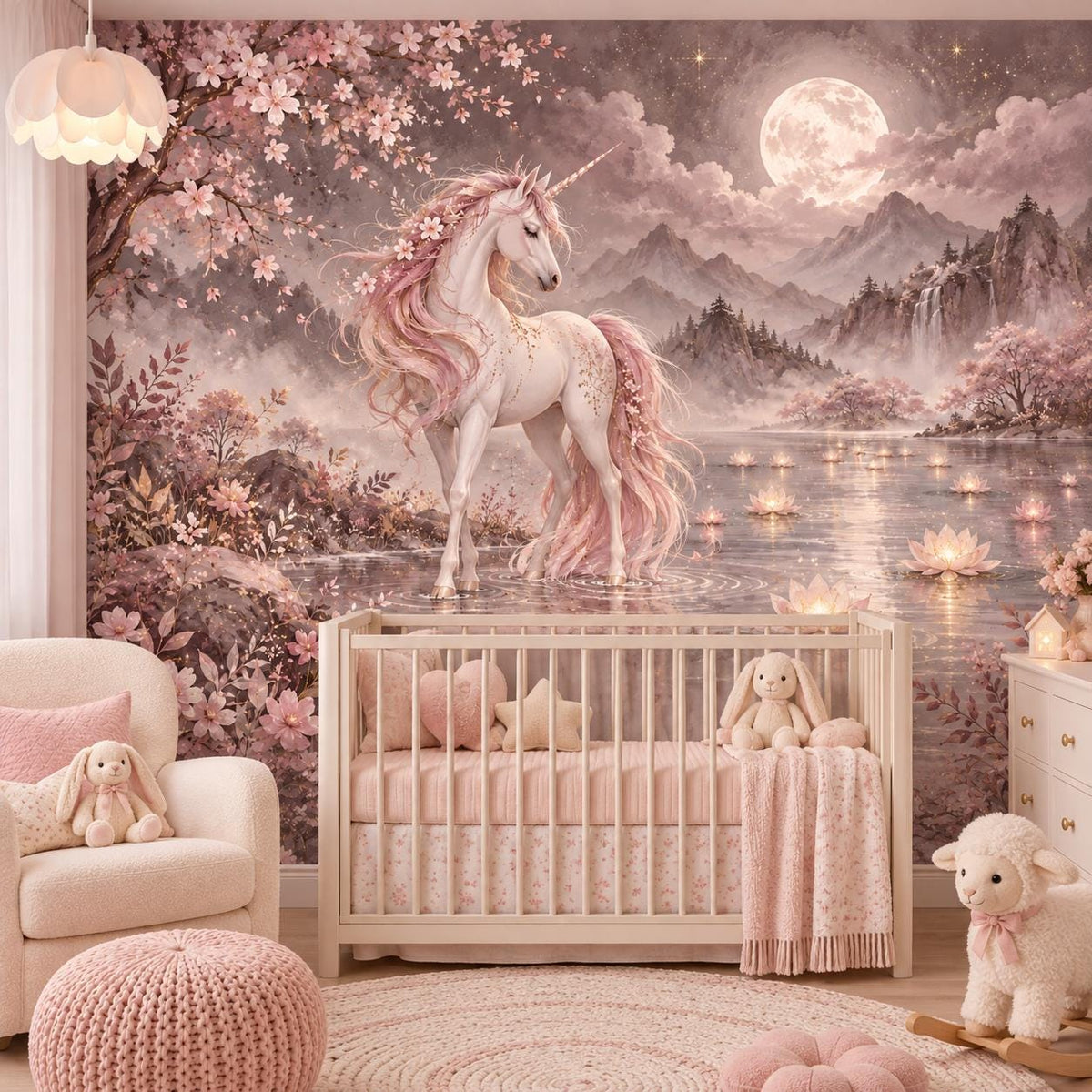 Unicorn Wall Mural Decal | Moonlit Pink Unicorn Vinyl Wall Decor | Cherry Blossom Nursery Decor | Girls Bedroom Fantasy Mural Celestial