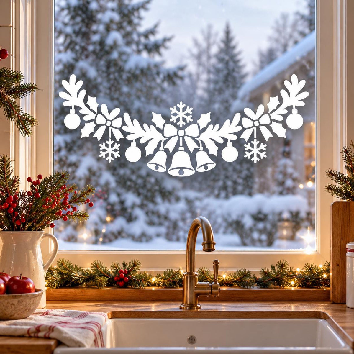 White Christmas window garland with three bells beneath a bow and snowflake, framed by foliage, ornaments and smaller bows.