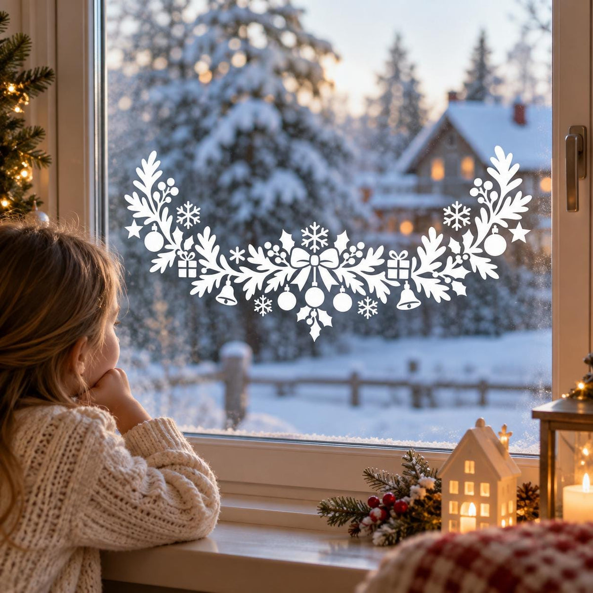 Christmas Garland Window Decal | White Holiday Window Decor | Botanical Ornament and Snowflake Vinyl Decal | Festive Glass Window Decoration