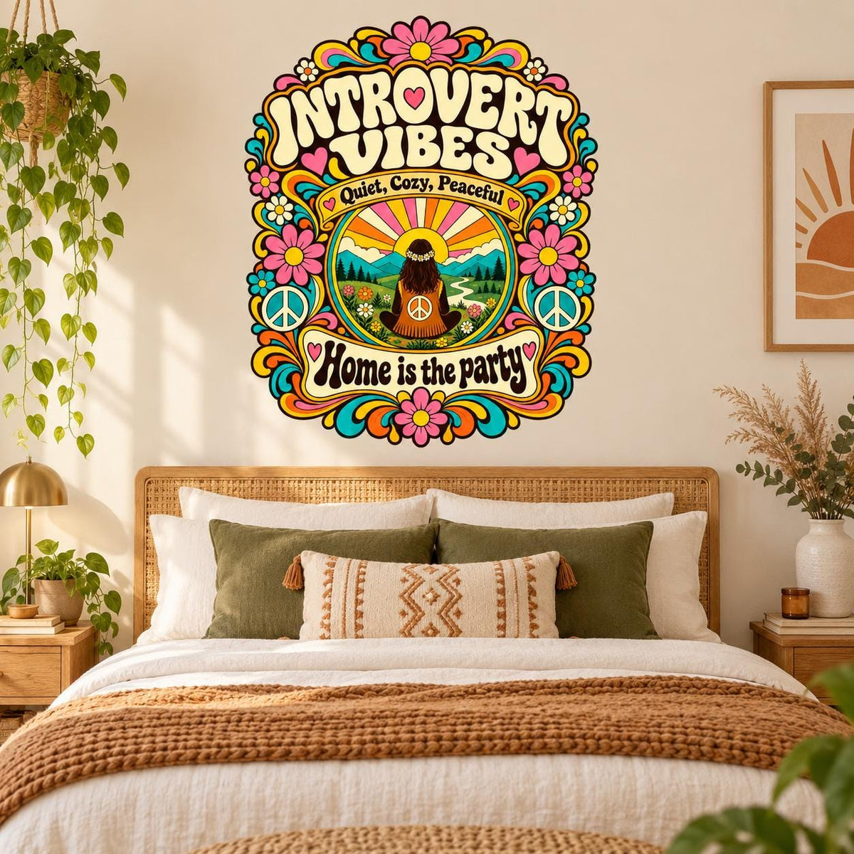 Vintage-inspired introvert wall art with a seated figure, mountain landscape and decorative peace signs.