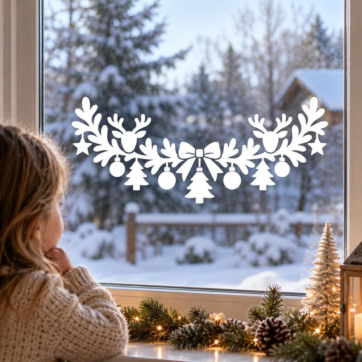 Christmas Reindeer Garland Window Decal | White Holiday Window Sticker | Winter Glass Decor | Scandinavian Style | Vinyl Christmas Decor