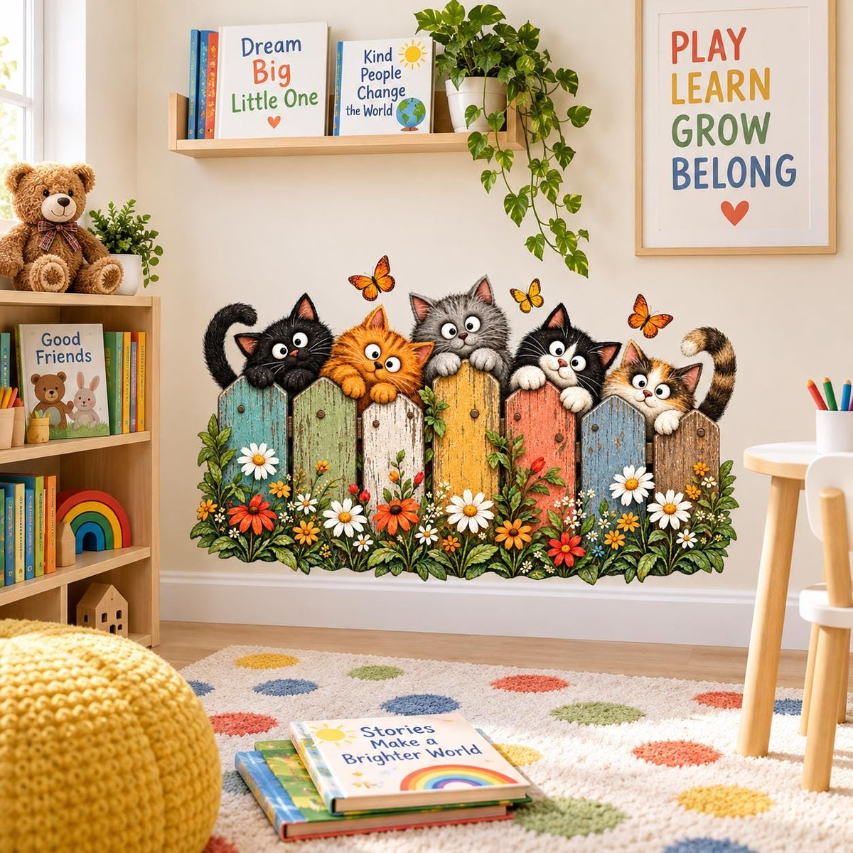 Five playful cats peeking over a colorful garden fence among daisies, green leaves and orange butterflies.
