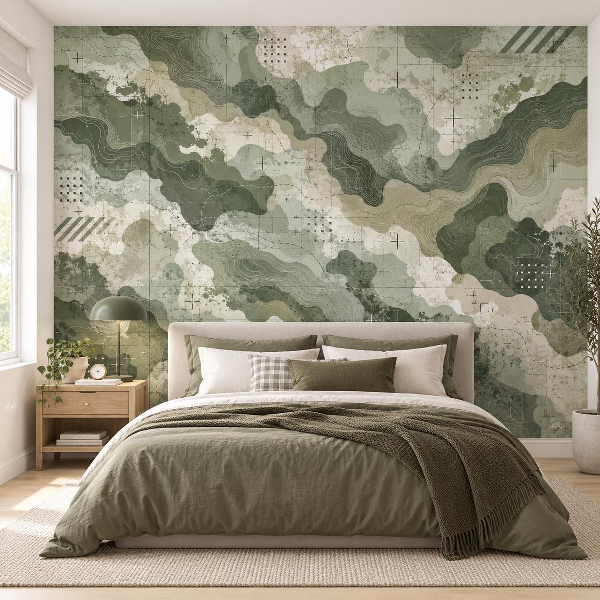 Green Abstract Camouflage Wallpaper | Topographic Map Wall Mural | Self Adhesive Vinyl | Teen Bedroom Feature Wall | Earth Tone Camo Decor