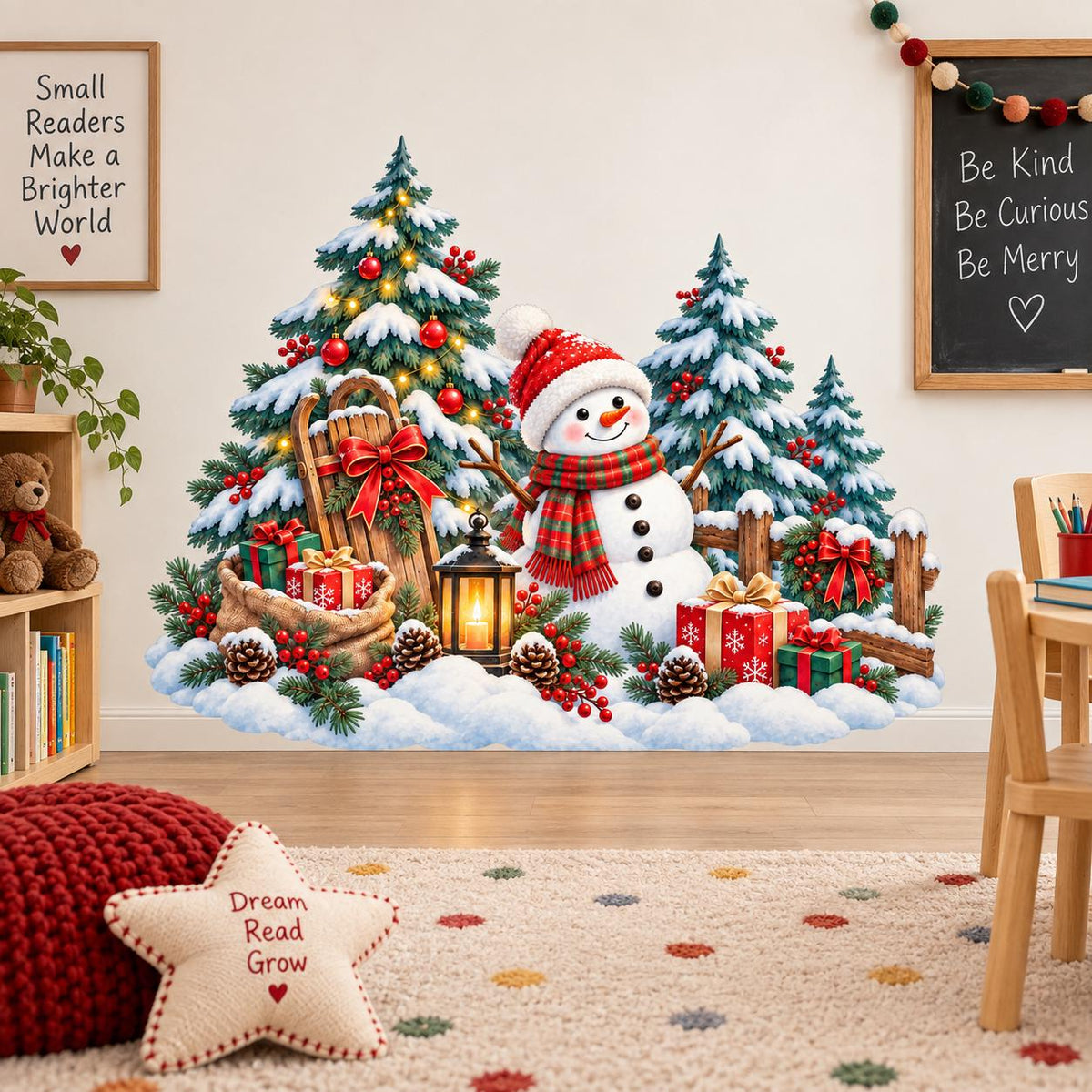 Festive snowman vinyl wall decal surrounded by a Christmas tree, rustic fence and snow-covered evergreen trees.