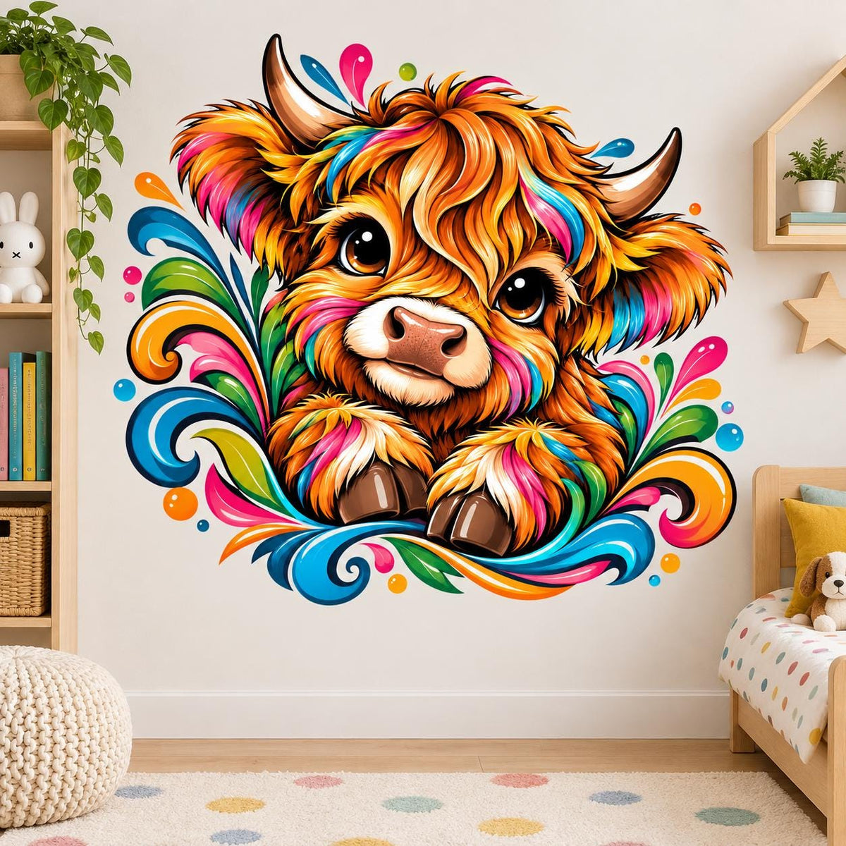 Highland calf wall decal with shaggy orange hair, curved horns, large eyes and bright turquoise, pink, yellow and green swirls.