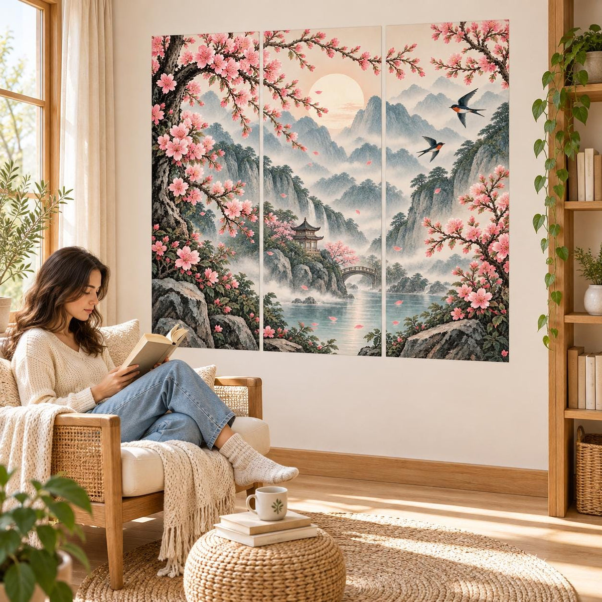 Cherry Blossom Mountain Landscape Wall Decal | Misty Pagoda and Bridge Scene | Vinyl Wall Decor for Bedroom or Living Room | Three Panel