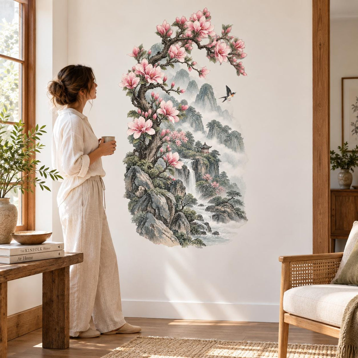 Pink Magnolia Mountain Wall Decal | Watercolor Waterfall Landscape Wall Sticker | East Asian Inspired Bedroom Decor | Vinyl Wall Decor Zen