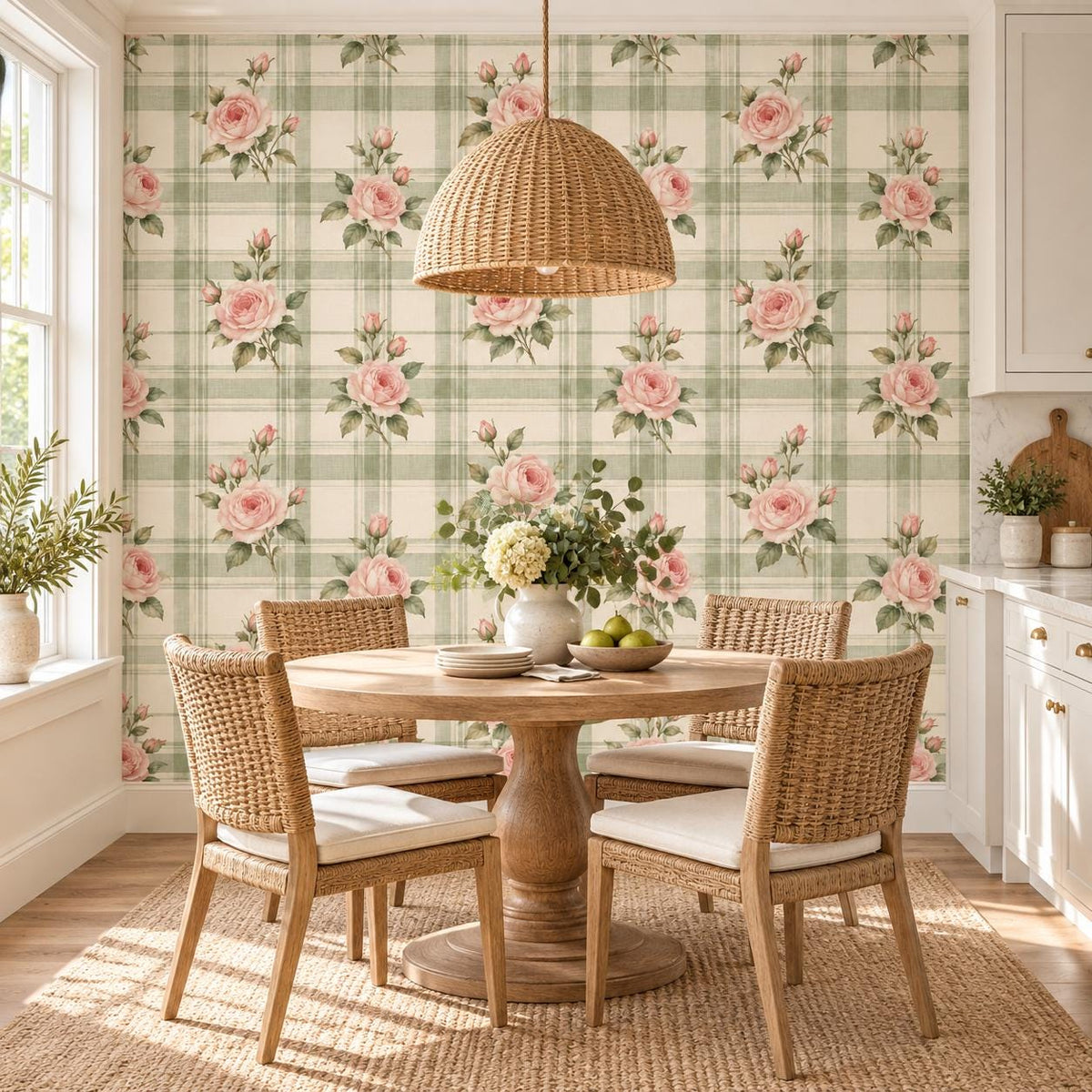 Blush pink rose bouquets and green leaves over cream and sage green plaid wallpaper in a dining area beside a white kitchen.