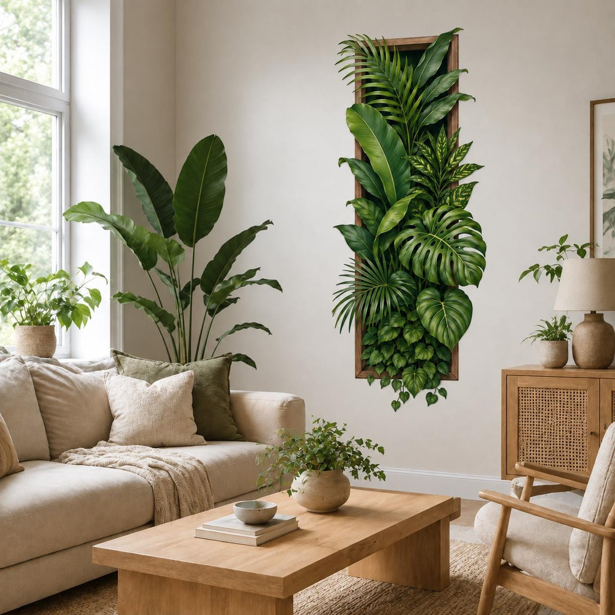 Tropical Botanical Wall Decal | Framed Greenery Wall Decor | Vertical Plant Wall Sticker | Indoor Jungle Living Room Decor | Vinyl Wall Art