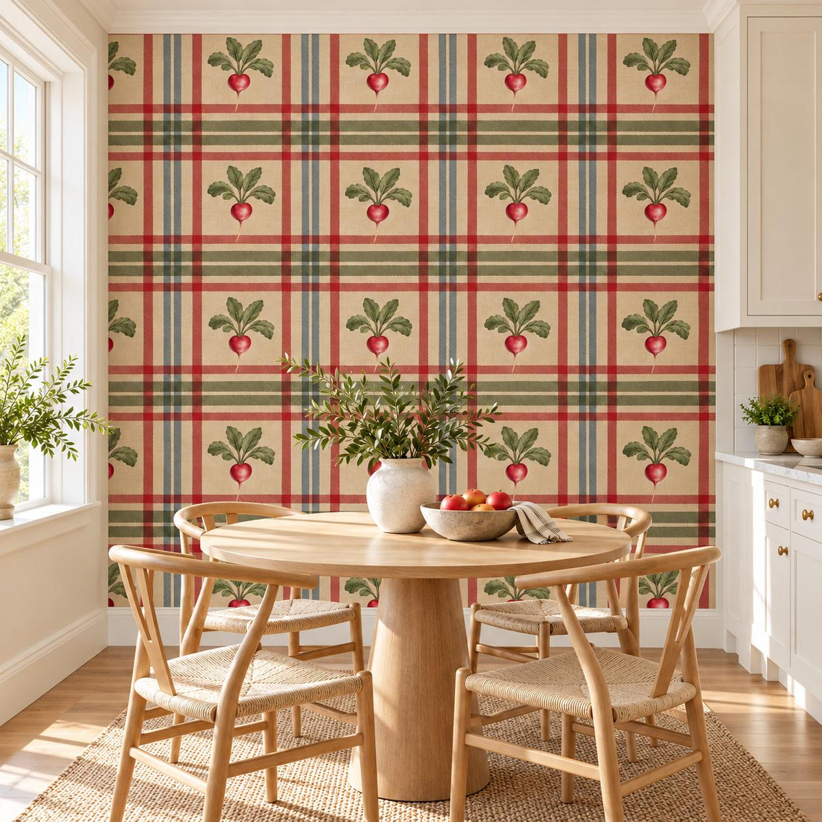 Radish Plaid Self Adhesive Vinyl Wallpaper | Farmhouse Kitchen Wall Mural | Cottagecore Vegetable Wall Covering | Vintage Country Decor Art