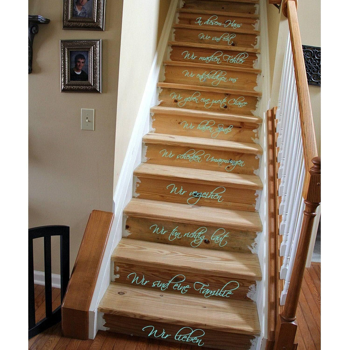 Timeless Family Quote vinyl decal on wooden stairs, uplifting home decor with elegant lettering.