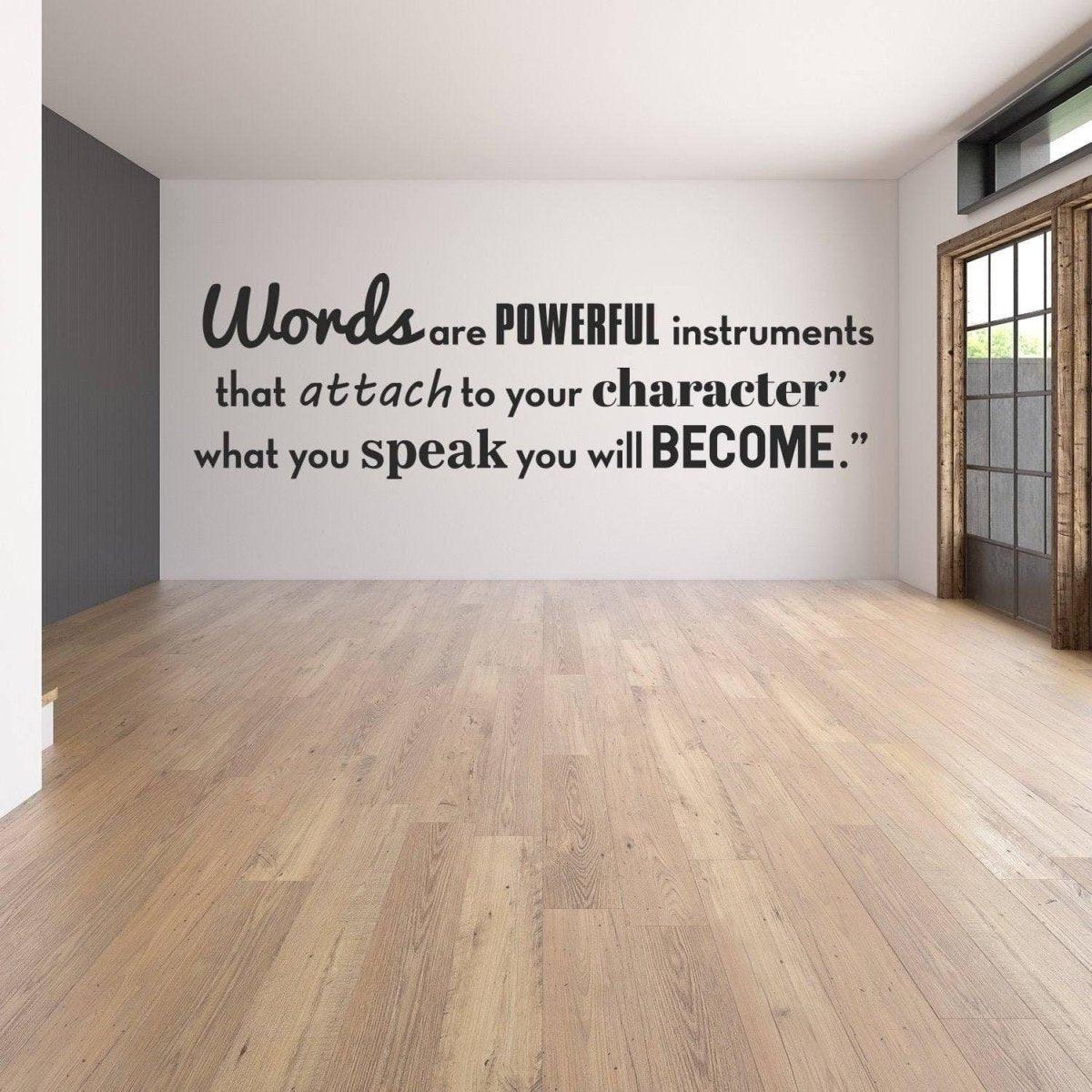 Inspirational wall vinyl decal featuring the quote about the power of words, enhancing room decor with motivation.