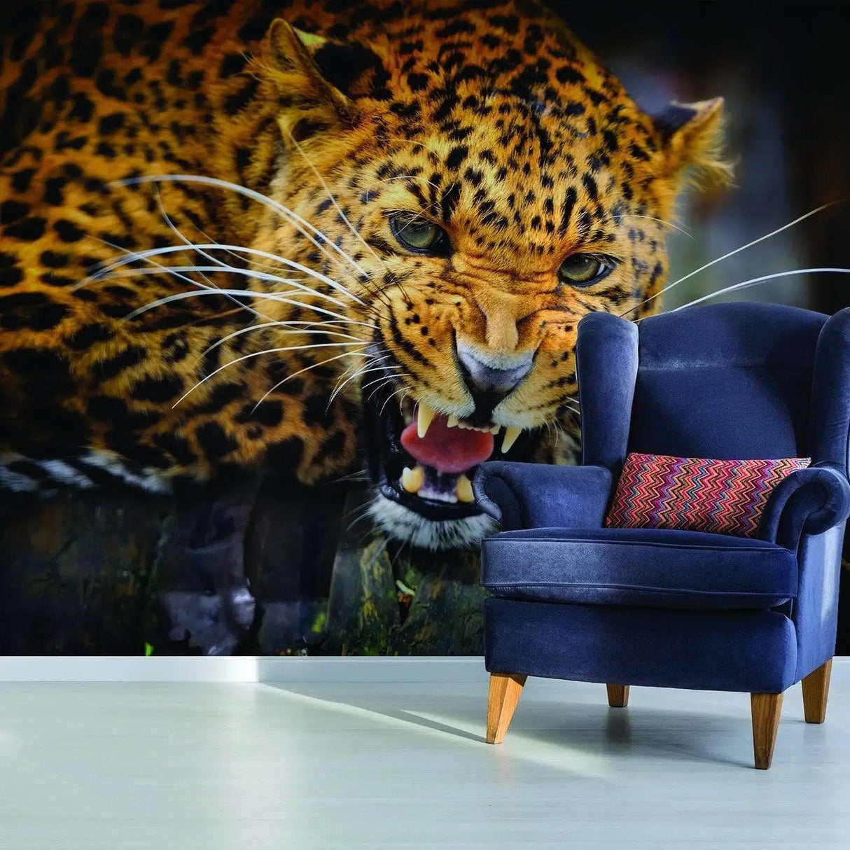 Jaguar vinyl wall decal featuring a fierce close-up of a jaguar's face, enhancing home decor with vibrant animal art.
