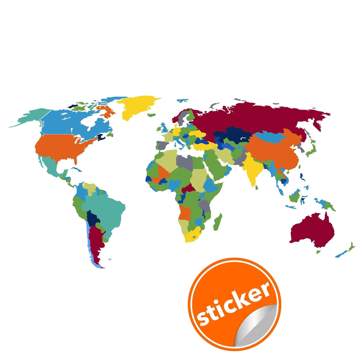 Colorful world map wall sticker, perfect for geography-themed decor and adding wanderlust to any space.