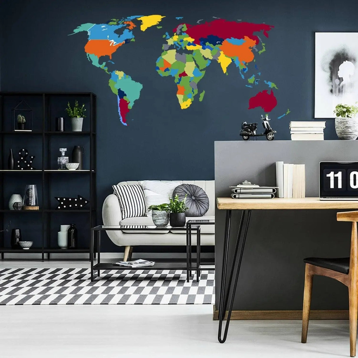 Colorful world map wall sticker in modern living space, adding a vibrant geography theme to the decor.