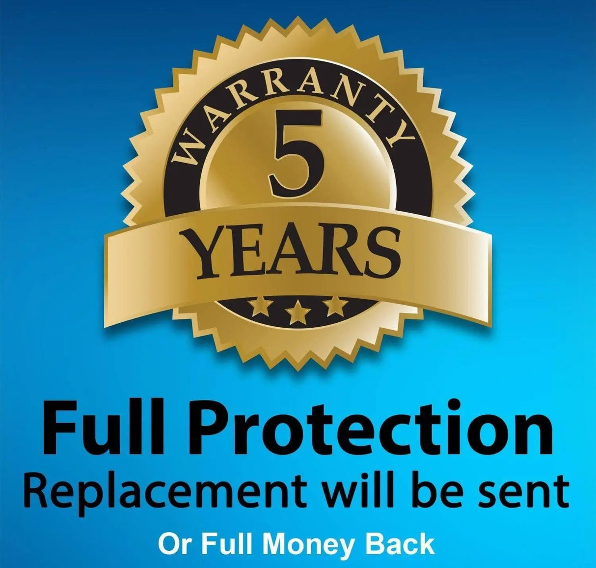 5-year warranty badge with full protection guarantee and money-back option