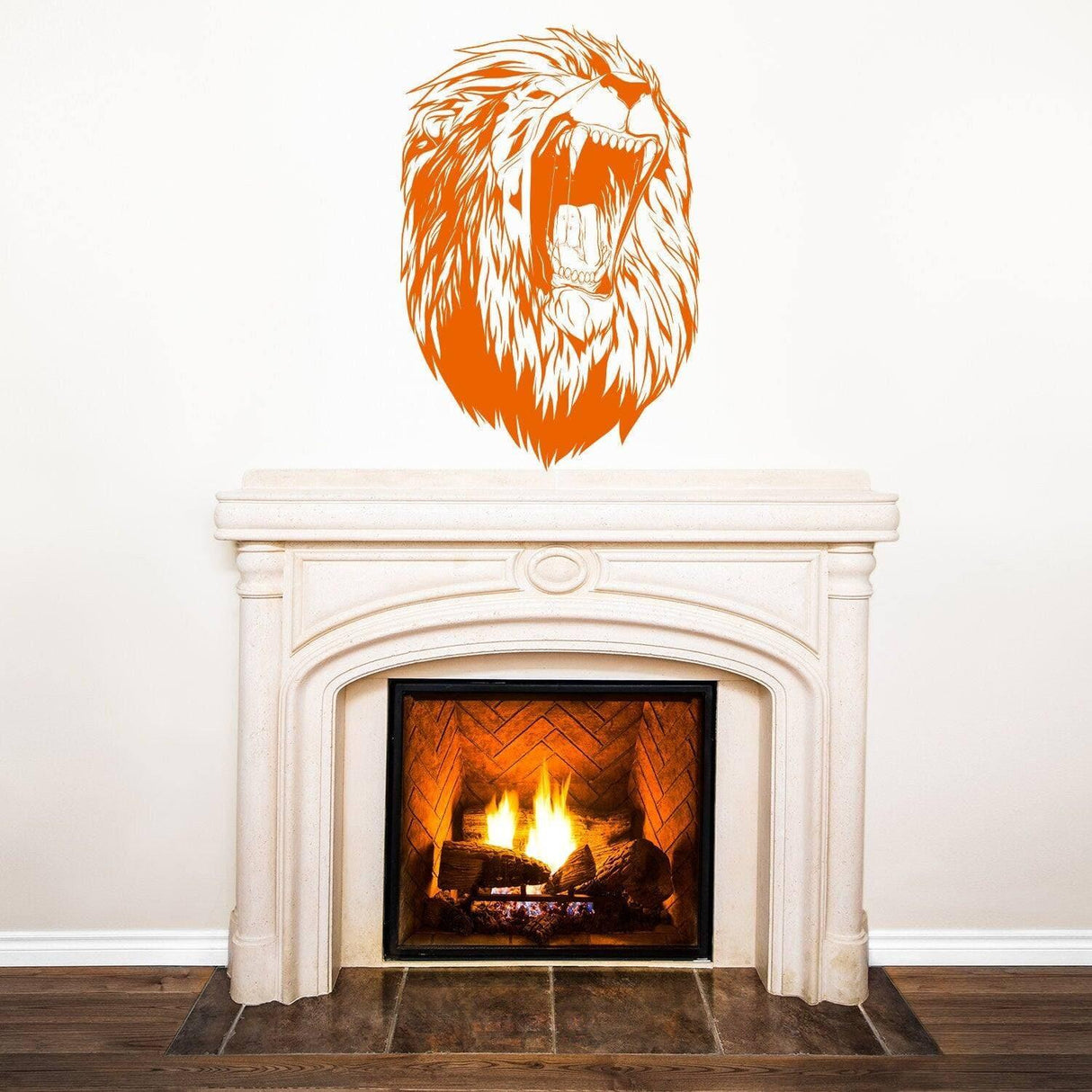 Lion King wall vinyl sticker above a fireplace, showcasing a roaring lion design in vibrant orange.