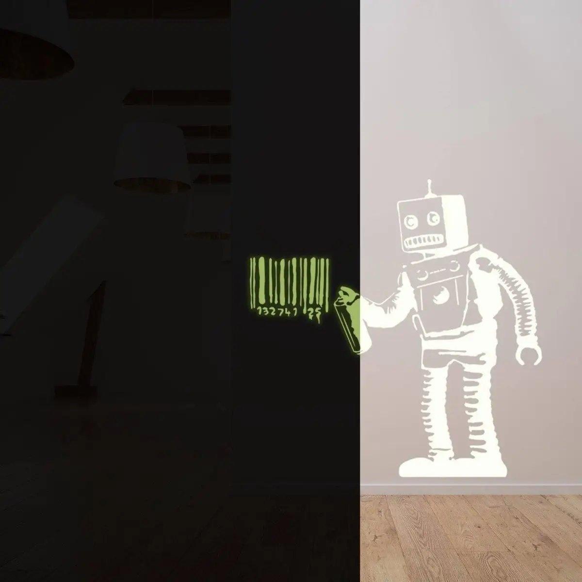 Luminescent barcode robot wall decal glowing in the dark, perfect for unique room decor.