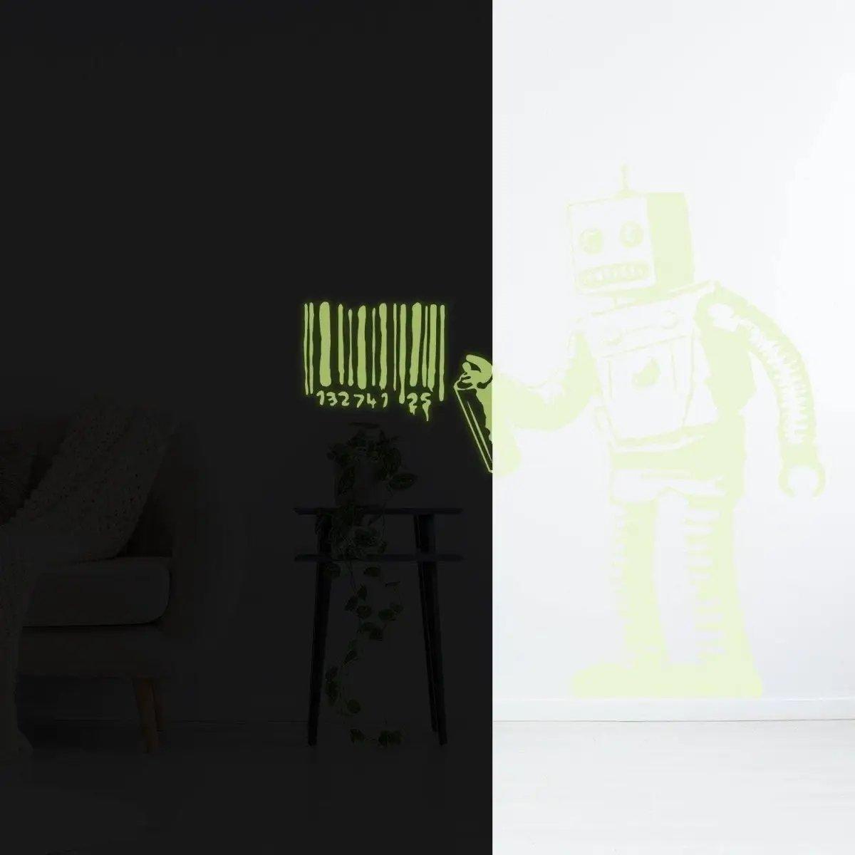 Glow in the dark barcode robot wall decal illuminating a space with neon light art design.