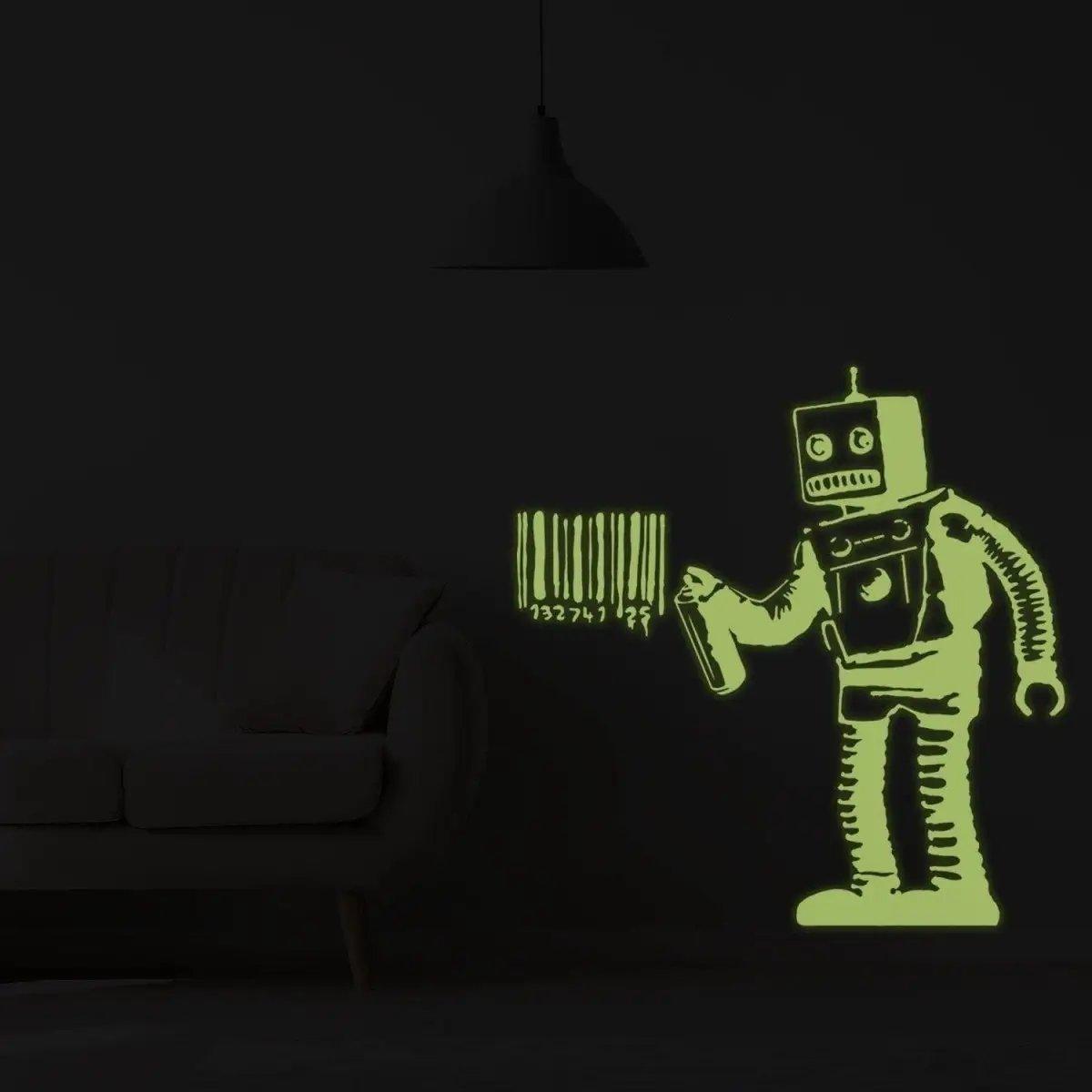 Glow in the dark barcode robot wall decal, perfect for adding art to any room, with luminescent vinyl sticker design.