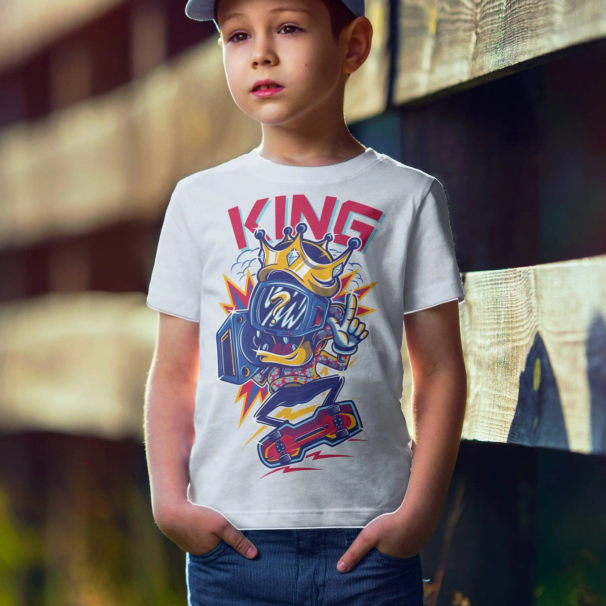 Child wearing a personalized KING graphic t-shirt with vibrant colors, blending style and comfort outdoor.