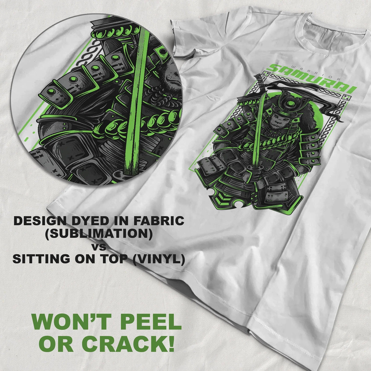 Personalized Samurai print t-shirt showcasing vibrant sublimation design that won't peel or crack.