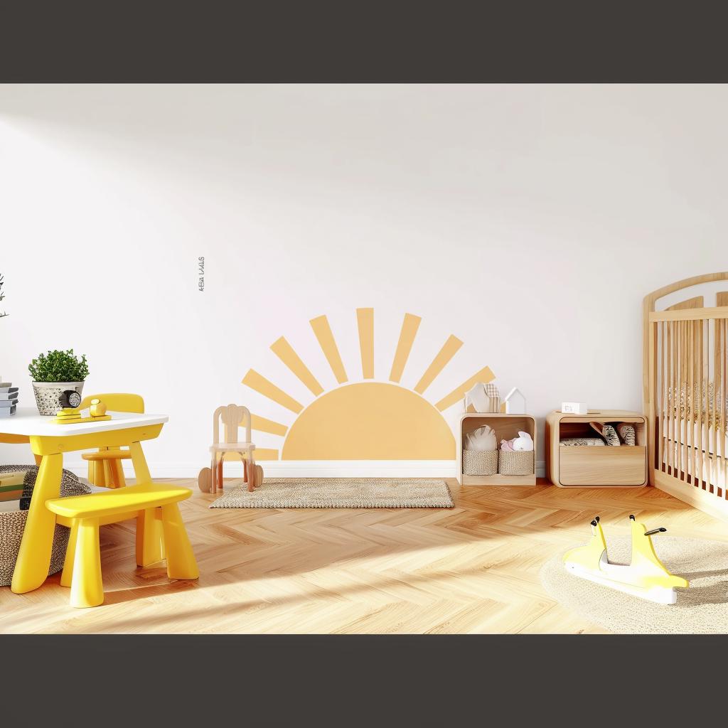 Minimalist sun wall decal in a bright nursery with yellow accents, ideal for boho-themed kids' decor.