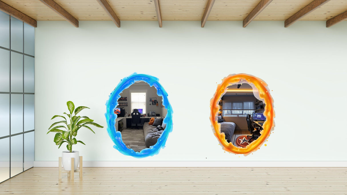 Blue and orange portal aura wall stickers in a stylish room, showcasing vibrant gamer decor.