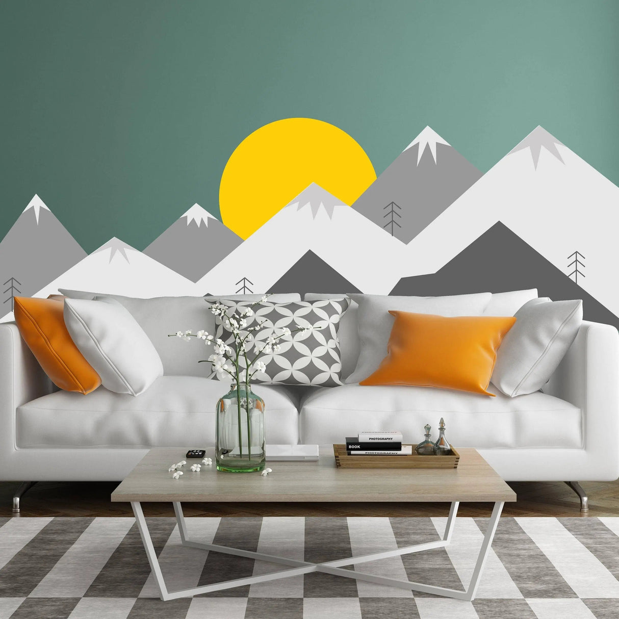 Majestic nature-inspired wall decal featuring mountains and sun above a stylish sofa in a modern interior.