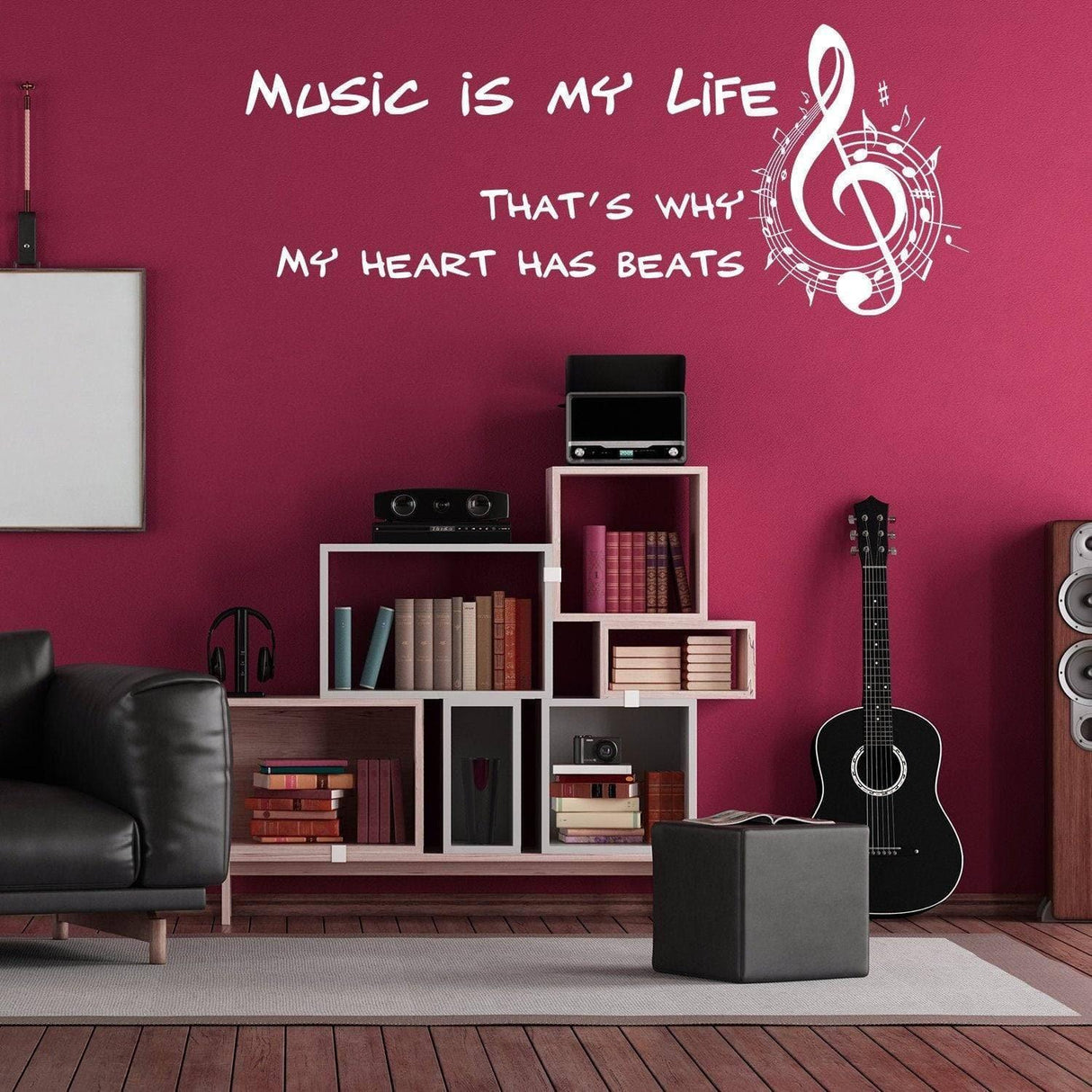 Music is my life wall sticker with a musical note on a vibrant wall, enhancing a modern living room decor.