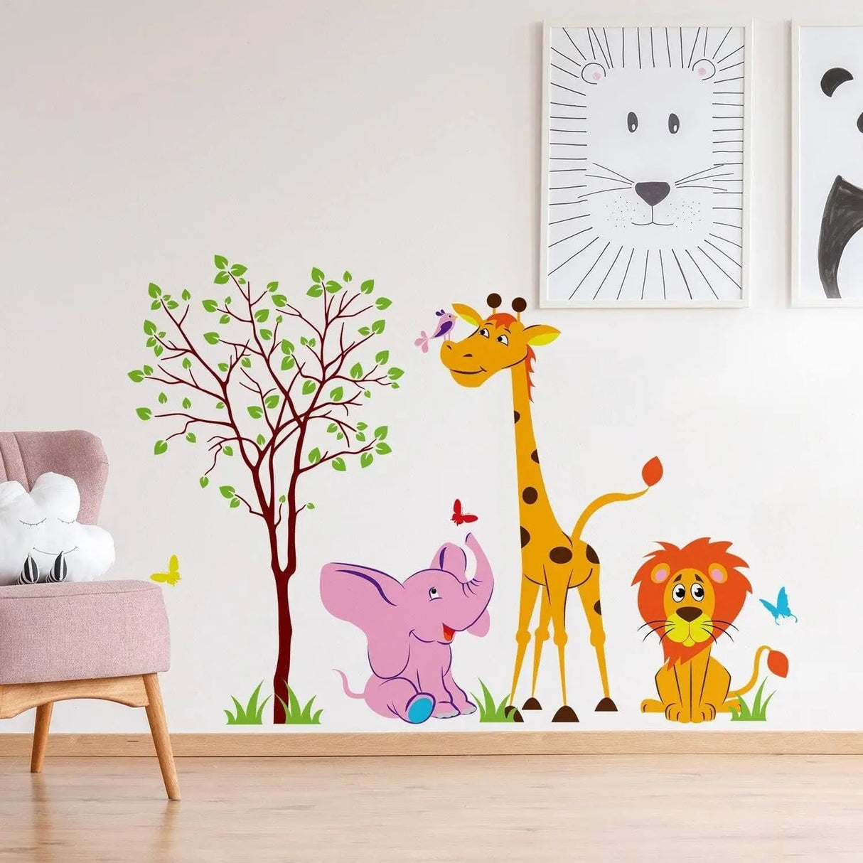 Colorful safari animal wall decals featuring a giraffe, elephant, lion, and tree for playful nursery decor.