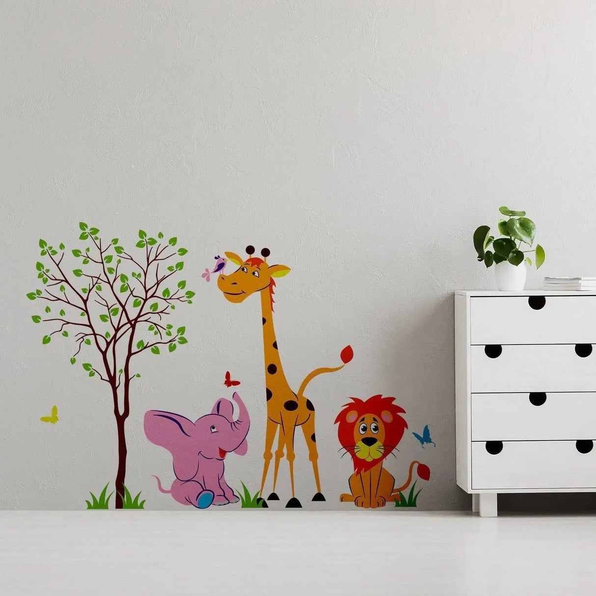 Colorful safari animal wall decal featuring an elephant, giraffe, and lion beside a tree with butterflies.