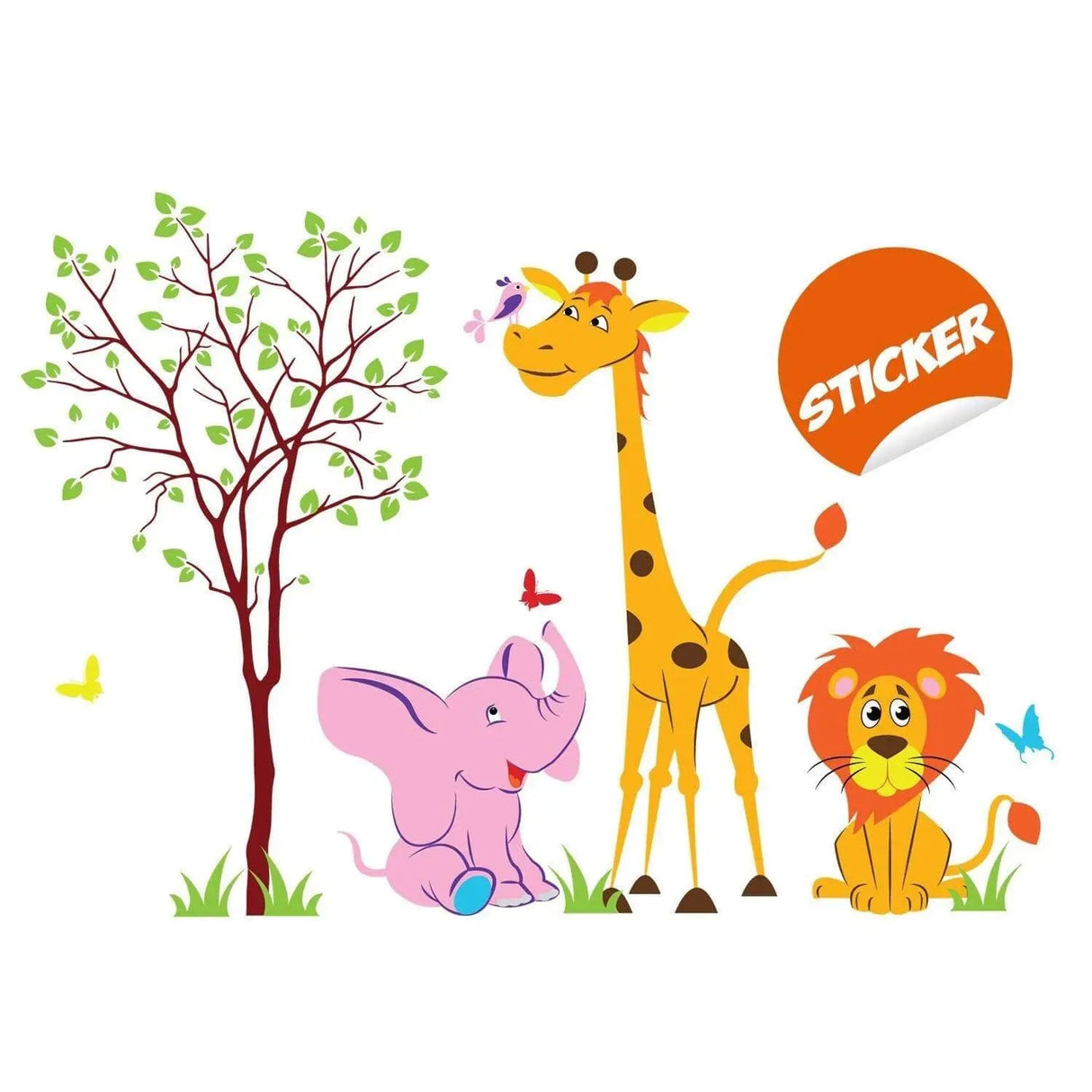 Colorful vinyl wall decal featuring a giraffe, elephant, lion, and tree with butterflies for nursery decoration.