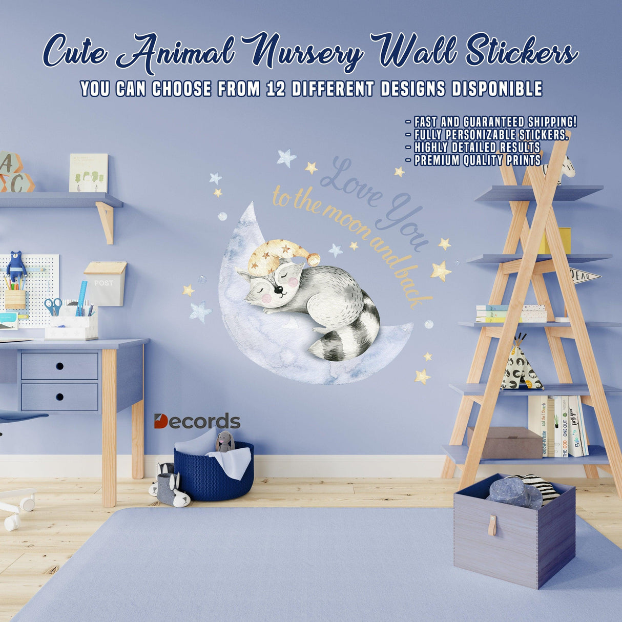 Cute animal nursery wall sticker featuring a baby elephant on a moon with stars, perfect for children's room decor.