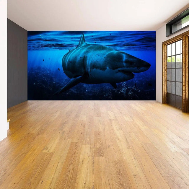 Large underwater mural featuring a shark, transforming a room into a stunning ocean landscape.